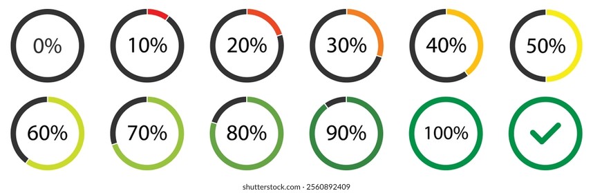 Set of pie charts from 0% to 100% (10% increments). Circle graph percentage loading or infographics progress elements. pie chart vector illustration set