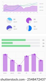 Conjunto de gráficos de pizza, gráficos de barras e gráficos de linhas em cores roxas e verdes, representando tendências e insights de dados financeiros. Relatórios e painéis. Conceito de economia, análise financeira, negócios