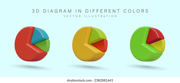 Set of pie charts in cartoon style. Vector images of different colors, creative design. Infographic report. Set of illustrations on blue background with shadows