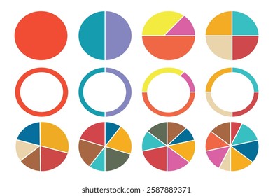 set of pie charts. pie chart 5, 3 pie chart. Pie chart color icons. Segment slice sign. Circle section graph. 1,2,3,4,5 segment infographic. Wheel round diagram part symbol.