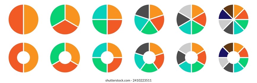 Set of pie charts. Collection of colorful diagrams.Circle icons for infographics, user interface, web design, business presentation. Vector illustration.