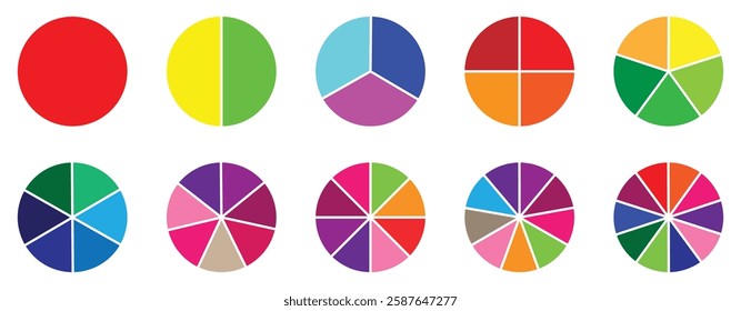 Set of pie charts. Collection of colorful diagrams. Circle icons for infographics, user interface, web design, business presentation. Vector illustration isolated on white background