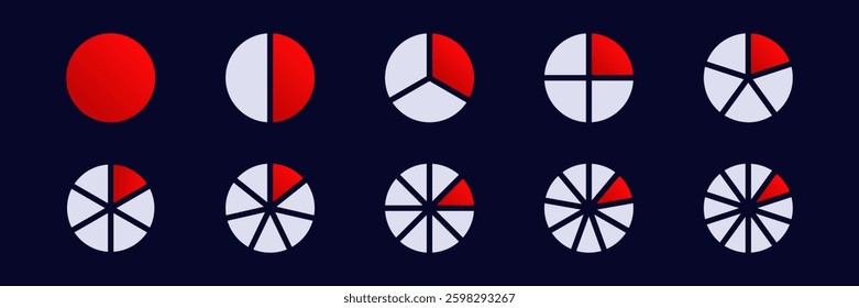 A set of pie charts demonstrates different ways to divide and represent data segments visually.