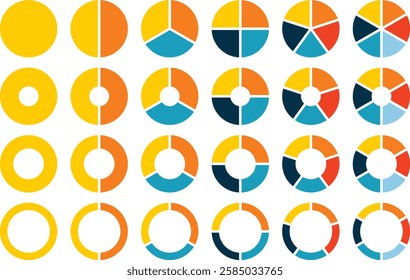 Set of pie charts diagrams. Pie chart divided 1,2,3,4,5,6,7,8,9,10,11,12 equal parts. Different color circles. donut and pie chart infographic elements. Colorful diagram graphs. Circle section graph.