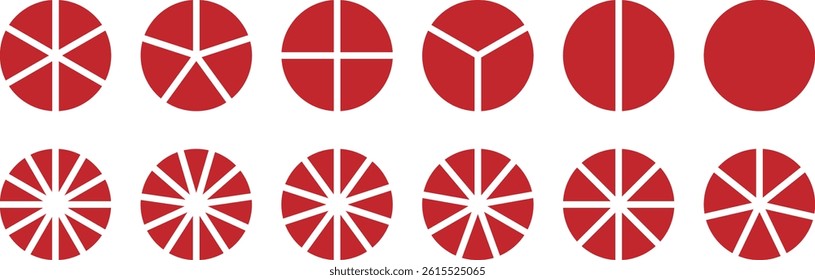 Set of pie charts diagrams. Pie chart divided. equal parts. red color circles. Colorful diagram graphs. Circle section graph.	
