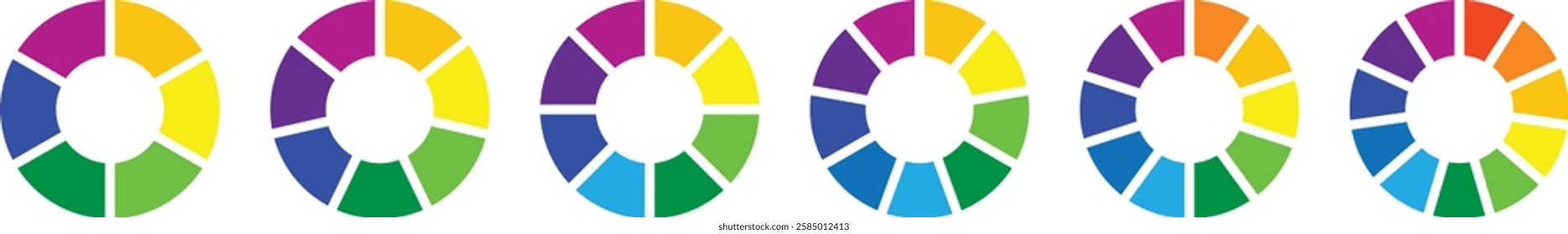 Set of pie charts diagrams. Circle section graph. Different color circles. donut and pie chart infographic elements. Colorful diagram graphs. Pie chart divided 2, 3, 4, 5, 6 equal parts.