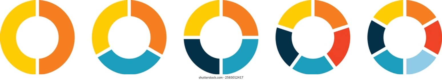 Set of pie charts diagrams. Different color circles. donut and pie chart infographic elements. Colorful diagram graphs. Pie chart divided 2, 3, 4, 5, 6 equal parts. Circle section graph.