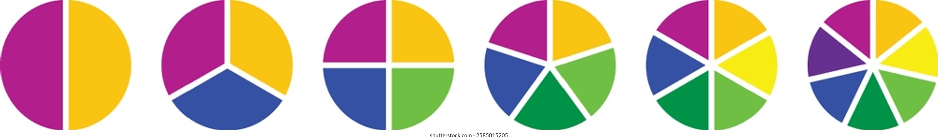 Set of pie charts diagrams. Different color circles. donut and pie chart infographic elements. Pie chart divided 2, 3, 4, 5, 6 equal parts. Colorful diagram graphs. Circle section graph.