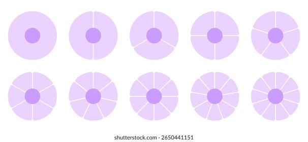 Conjunto de gráficos de pizza dividido em segmentos: 1,2, 3, 4, 5, 6, 7, 8, 9, 10. Ilustração vetorial de ícones de diagramas estruturais para matemática, estatística, análise financeira, negócios em fundo isolado.