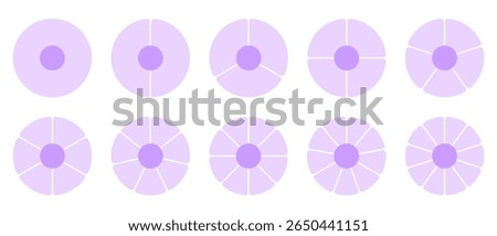 Set of pie charts divided into segments: 1,2, 3, 4, 5, 6, 7, 8, 9, 10. Vector illustration of structural diagram icons for mathematics, statistics, financial analysis, business on isolated background.
