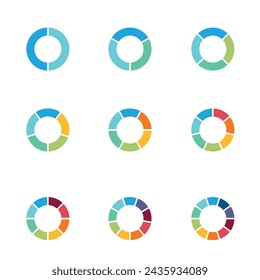 Set of pie charts. Financial analysis data 2,3,4,5,6,7,8,9,10 sections elements for business presentation, Vector Illustration