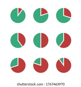 Set of pie charts percentage 10, 20, 30, 40, 50, 60, 70, 80, 90. Pie graph diagram, circle round chart. Green and red on white background. Isolated vector infographics for presentation.