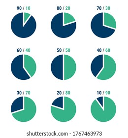 Set Of Pie Charts Percentage 10, 20, 30, 40, 50, 60, 70, 80, 90. Pie Graph Diagram, Circle Round Chart. Green And Blue On White Background. Isolated Vector Infographics For Presentation.