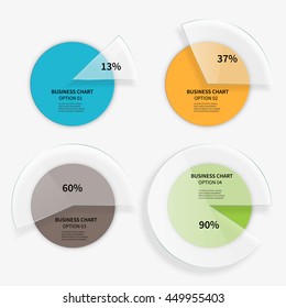 set of pie charts with segment of glass, template for business presentation