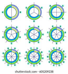 Set of pie charts with selected fraction, coordinate lines and labels. Templates sectoral graphics in flat style. Colorful infographics elements. Vector