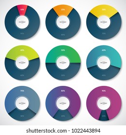 Set of pie charts. Share of 10, 20, 30, 40, 50, 60, 70, 80, 90 percent. Can be used for business infographics.