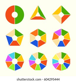 Set of pie charts with smooth straight edges. Templates sectoral graphs in flat style. Colorful elements for infographics. Vector