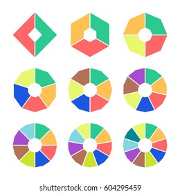 Set of pie charts with straight edges. Templates sectoral angular graphs in flat style. Colorful elements for infographics. Vector
