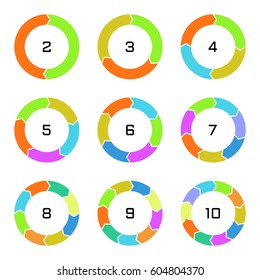 Set of pie charts with transition in arrow form. Templates sectoral graphs in flat style. Colorful elements for infographics. Vector