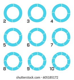 Set of pie charts with transition in arrow form. Templates sectoral graphs in flat style. Colorful elements for infographics. Vector