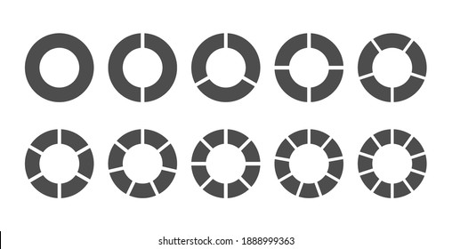A set of pie charts for the user interface. A circular graph with steps, sections, or stages from 2 to 10. Round infographic template for web and graphic design. Flat style.