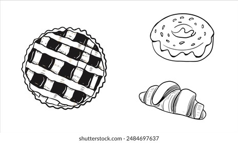 Set pie, donut, croissant isolated, line art, sketch