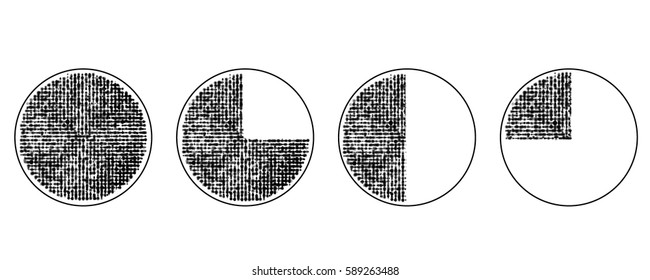 Set von Pie-Grafiken gefüllt mit Gitter von schmutzigen Punkten. Schwarz-Weiß. Abstraktes Vektorelement.