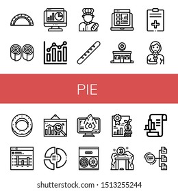 Set of pie icons such as Cheburek, Bun, Statistics, Combination chart, Baker, Baguette, Report, Donut shop, Reporter, Bagel, Bar graph, Analytics, Pie chart, Data loss, Donut , pie