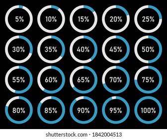 Set of pie percentage charts for infographic design, loading circle icon on black background, vector illustration.	