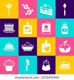 Set Piece of cake, Apple in caramel, Jar sugar, Cutting board, Cake, Lollipop and Cookbook icon. Vector