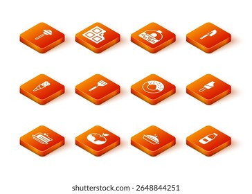 Set Piece of cake, Apple in caramel, Ice cream waffle cone, Spatula, Homemade pie, Donut, Bottle with milk and  icon. Vector