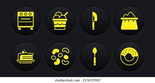 Set Stück Kuchen, Beutel Mehl, Gelee Süßigkeiten, Löffel, Knife, Eis in Schüssel, Donut und Oven Ikone. Vektorgrafik