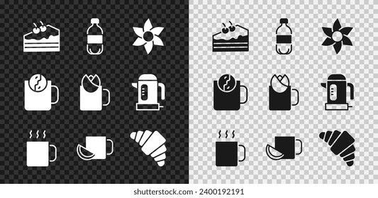 Set Pieza de pastel, Agua de botella, Flor, Té de copa, con limón, croissant, Tiempo de té e ícono de rosa. Vector