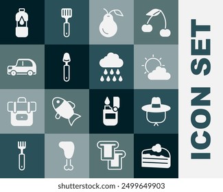 Set Pieza de pastel, sombrero de camping, sol y Clima de la nube, pera, cuchara, coche, botella de agua y nube con el ícono de la lluvia. Vector