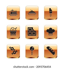 Set Piece of cake, Candy, Lollipop, Chocolate bar, Ice cream in bowl, French baguette bread and Homemade pie icon. Vector
