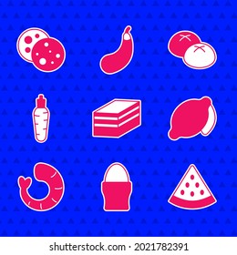 Ponga un trozo de tarta, huevo de pollo en la mesa, sandía, limón, gambas, zanahoria, pan de pan y galleta con icono de chocolate. Vector