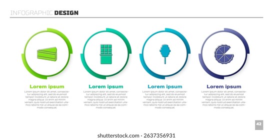 Set Piece of cake, Chocolate bar, Cotton candy and Homemade pie. Business infographic template. Vector
