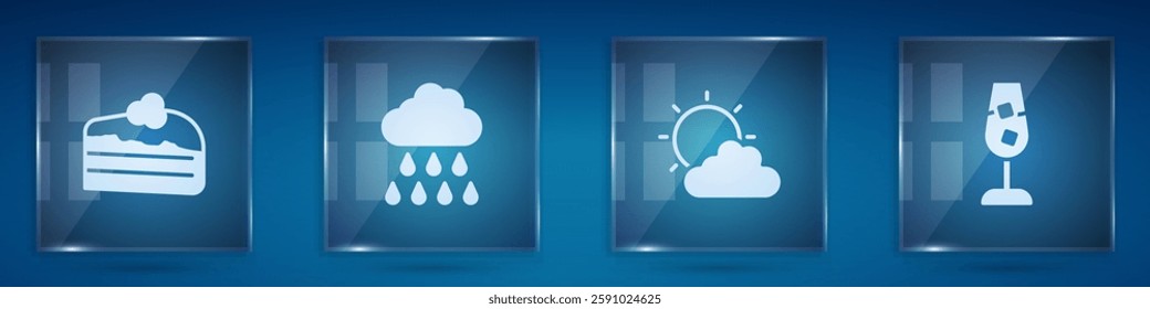Set Piece of cake, Cloud with rain, Sun and cloud weather and Wine glass. Square glass panels. Vector