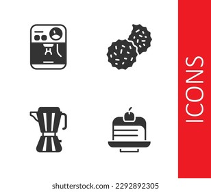 Set Piece of cake, Coffee machine, maker moca pot and Cookie or biscuit icon. Vector