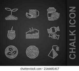 Set Stück Kuchen, Keks oder Keks, Teebeutel, Süßigkeiten, Blätter, Pate Tee, Cup mit Zitrone und Symbol. Vektorgrafik