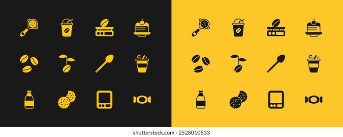 Set Piece of cake, Cookie or biscuit, Teaspoon, Electronic coffee scales, Coffee beans, filter holder and Iced icon. Vector
