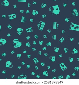 Set Piece of cake, Cup tea with milk, lemon and Ice on seamless pattern. Vector