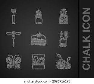 Set Piece of cake, Glass whiskey with ice, Fruit, Lighter, Butterfly, Wine corkscrew, Sunscreen cream tube and Fork icon. Vector