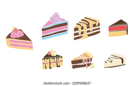 Set Of Piece Of Cake. Hand Draw Color Vector Illustration. Sweet Deserts.