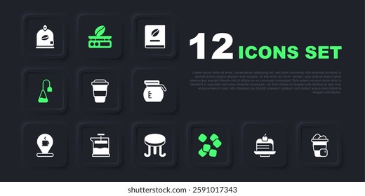 Set Piece of cake, Iced coffee, Coffee cup to go, Sugar cubes, Tea bag, French press, Electronic scales and table icon. Vector