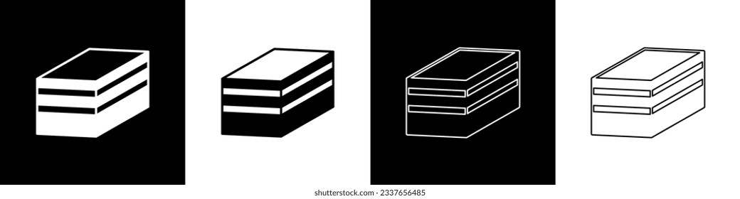 Set Piece of cake icon isolated on black and white background. Happy Birthday.  Vector
