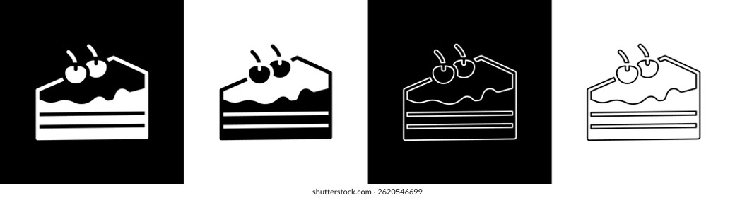 Set Piece of cake icon isolated on black and white background. Happy Birthday.  Vector