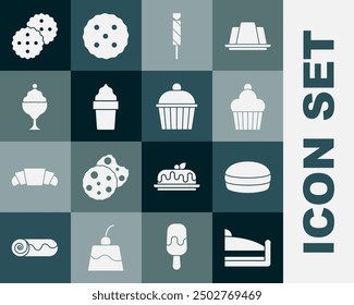 Set Piece of cake, Macaron cookie, Cake, Candy, Ice cream in waffle cone, bowl, Cookie or biscuit and  icon. Vector