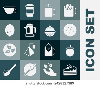 Set Piece of cake, Mate tea, Cookie or biscuit, Cup, Electric kettle, Lemon,  and Ball strainer icon. Vector