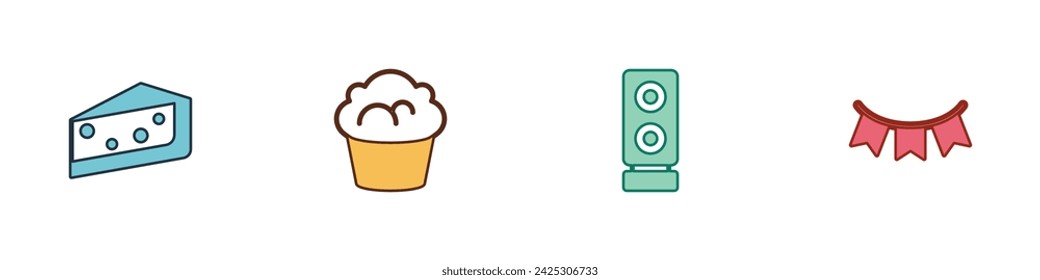 Set Piece of cake, Muffin, Stereo speaker and Carnival garland with flags icon. Vector